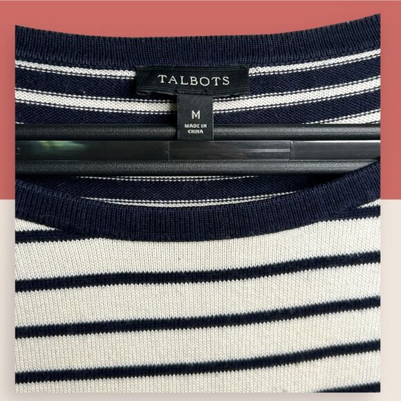 🦓 TALBOTS STRIPED RAGLAN STYLE 3/4 SLEEVE T-SHIRT NAVY CREAM MEDIUM - Picture 6 of 6